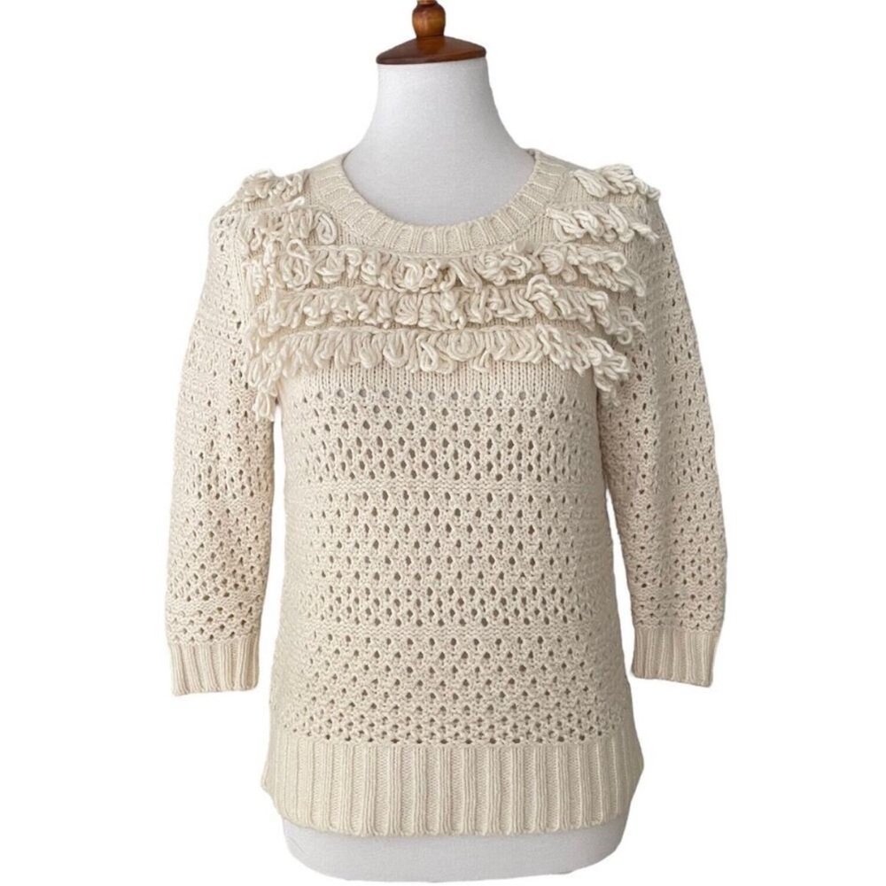 Anthropologie Alabaster Tassels Sweater by Far Away From Close Cream Knit Top M